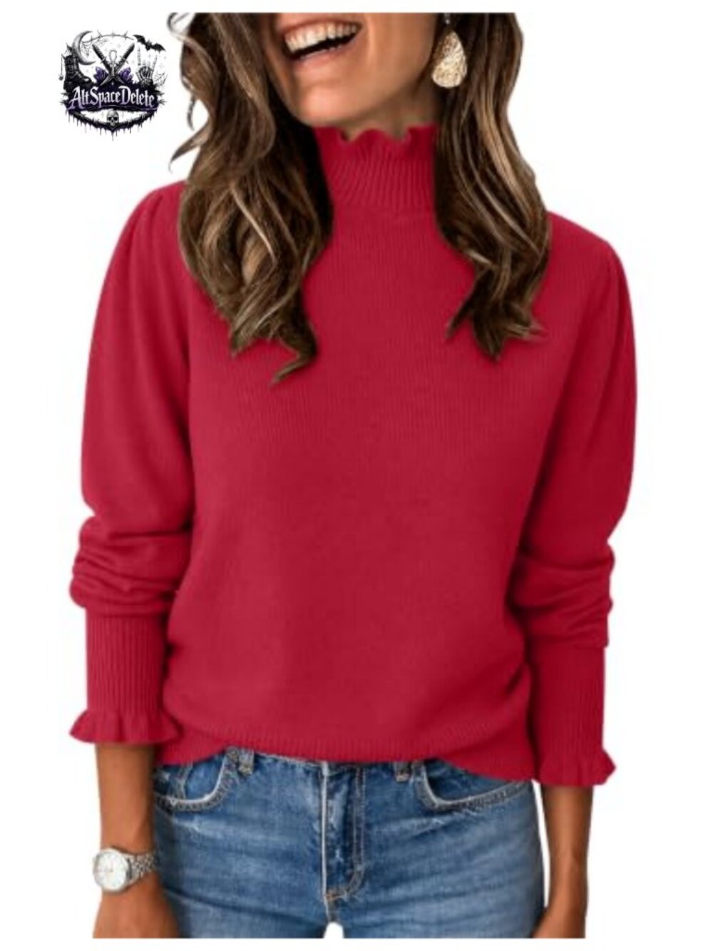 Ruffle Mock Neck Puff Sleeve Pullover Sweater Soft Knit Women's Top